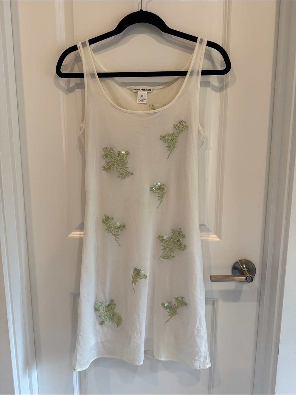 Vintage Vivienne Tam White Mesh Tank Dress with Green Sequin Detail